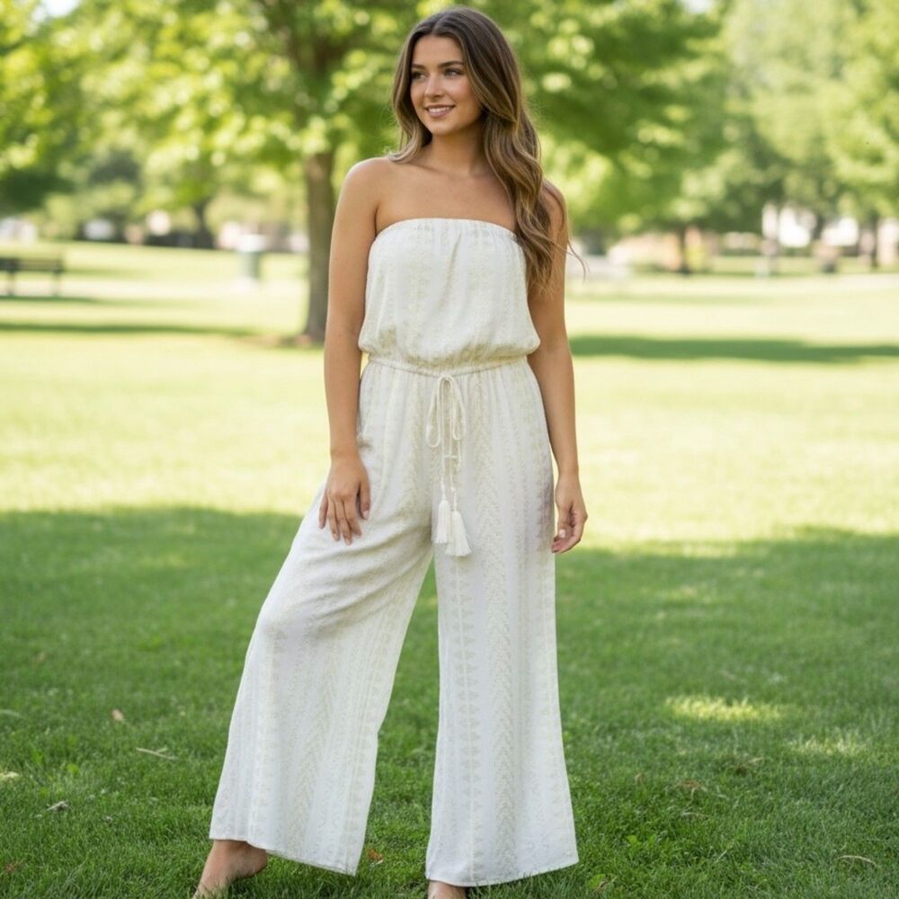 Elan Cream and  Gold Metallic Wide Leg Jumpsuit Tassel Tie Waist Women’s XS Boho